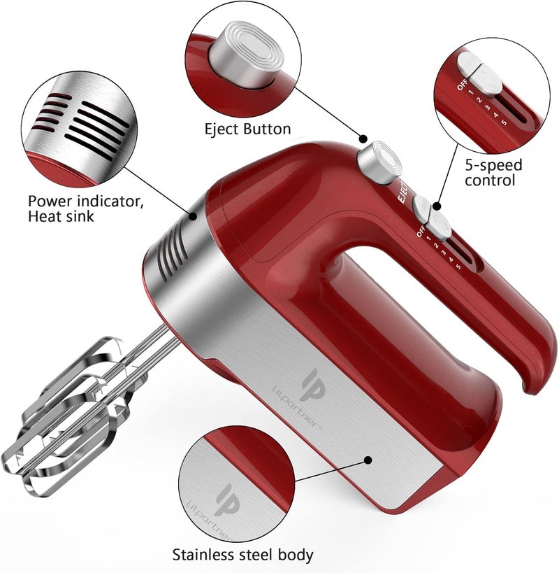 LILPARTNER Hand Mixer Electric, 450W Kitchen Mixers with Scale Cup Storage Case, Turbo Boost/Self-Control Speed + 5 Speed + Eject Button + 5 Stainless Steel Accessories, For Easy Whipping Dough, Cream, Red - Image 2